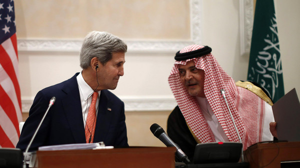 U.S. Secretary of State John Kerry participates in a joint press conference with Saudi Arabia’s Foreign Minister Saud in Riyadh